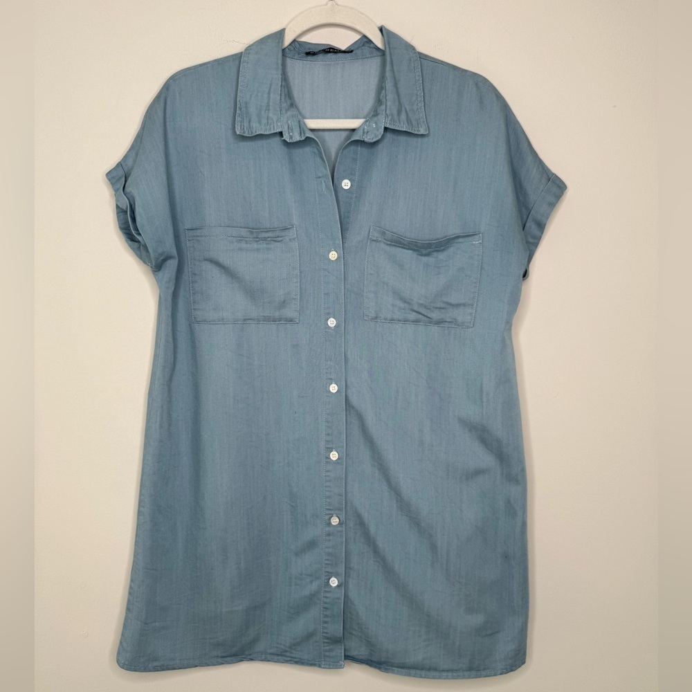 Zilcremo Casual Blue Denim Button Up Mini Shirt Dress